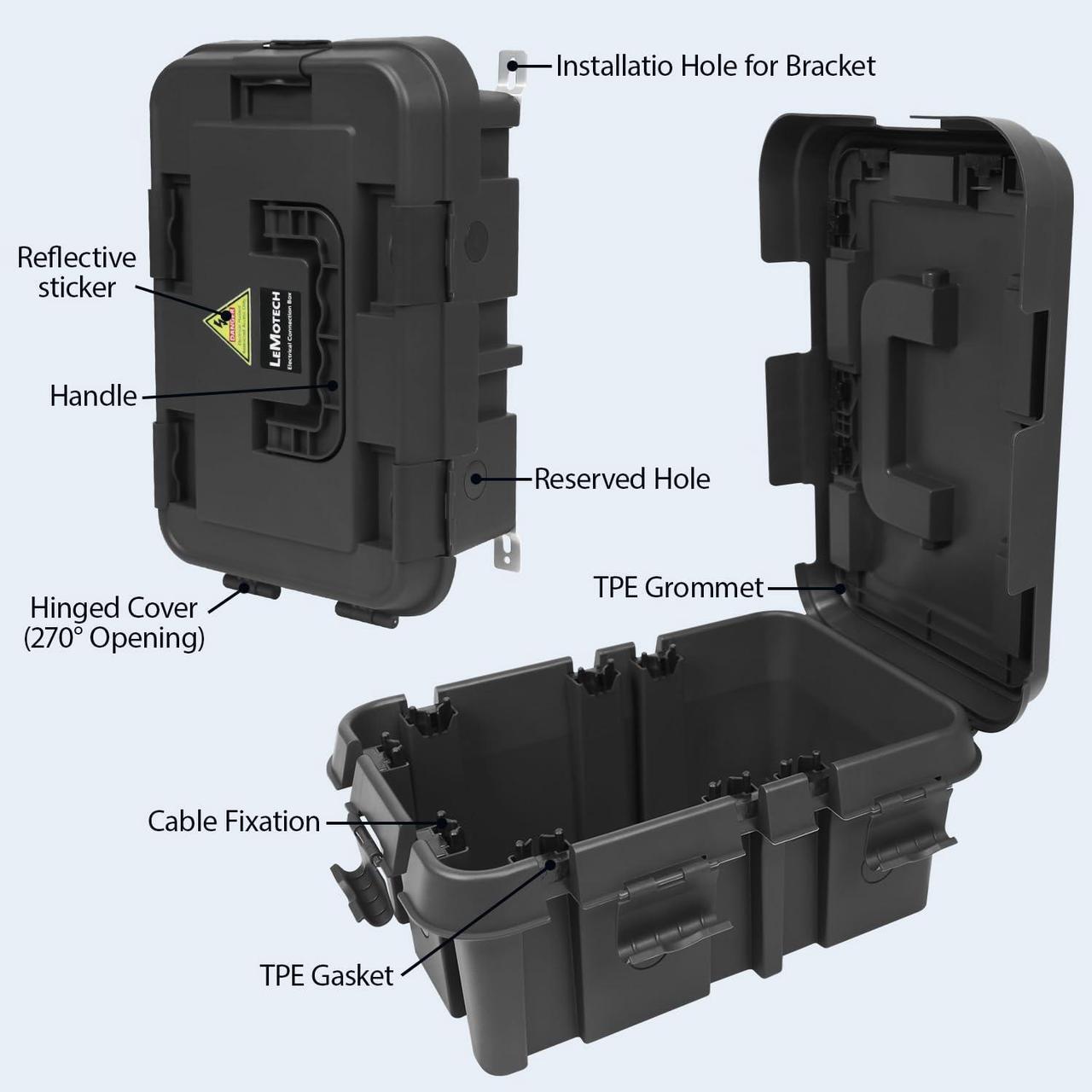 Alt view image 5 of 7 - LeMotech Outdoor Electrical Box, Large IP55 Waterproof Connection Box with Handle, Extension Cord Cover w/8 Cable Seal Entry,for Outlet,Pool Pump,Timer,Power Strips,Holiday Light Decoration, Black