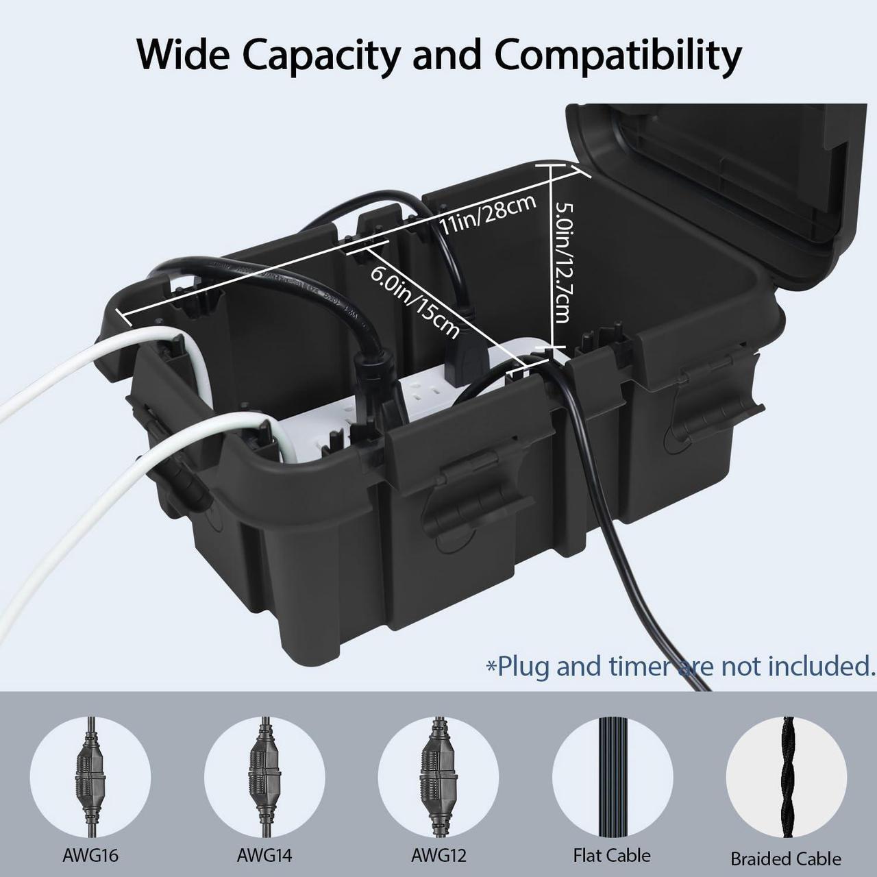 Alt view image 4 of 7 - LeMotech Outdoor Electrical Box, Large IP55 Waterproof Connection Box with Handle, Extension Cord Cover w/8 Cable Seal Entry,for Outlet,Pool Pump,Timer,Power Strips,Holiday Light Decoration, Black