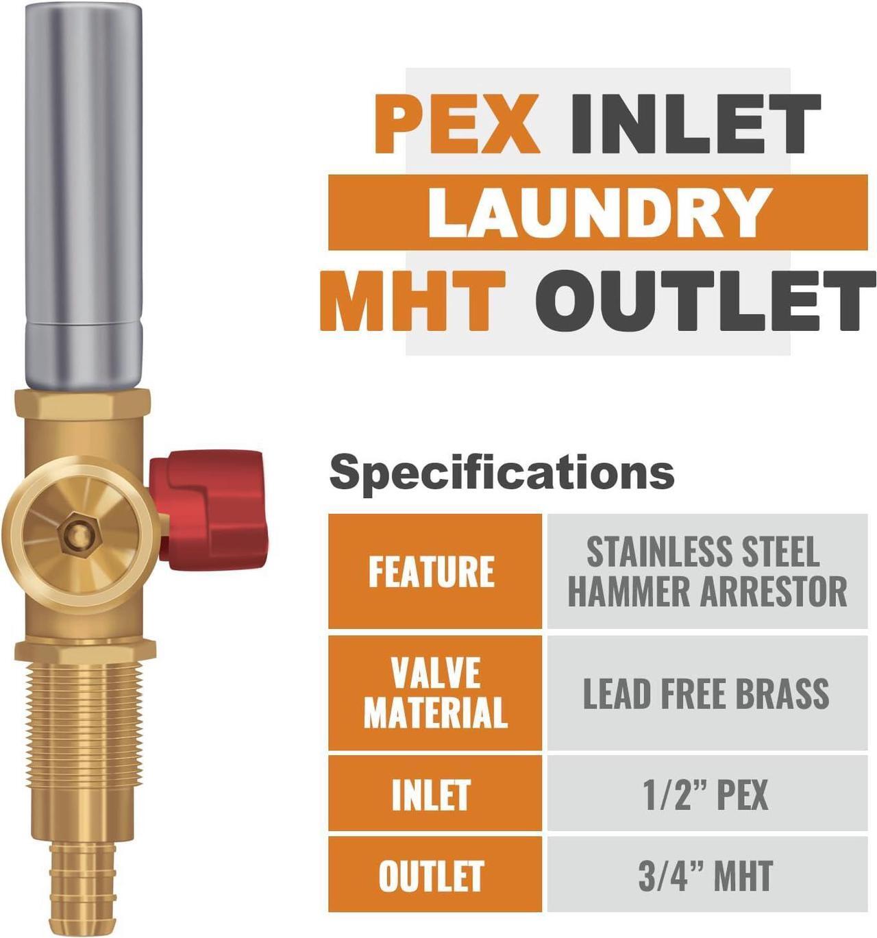 Alt view image 3 of 7 - SUNGATOR Washing Machine Laundry Outlet Box, Washer Water Valve Wall Box with Center Drain, 1/2 Inch Pex Crimp Inlet x 3/4 Inch MHT Outlet, with Stainless Steel Water Hammer Arrestor and 4 Crimp Rings