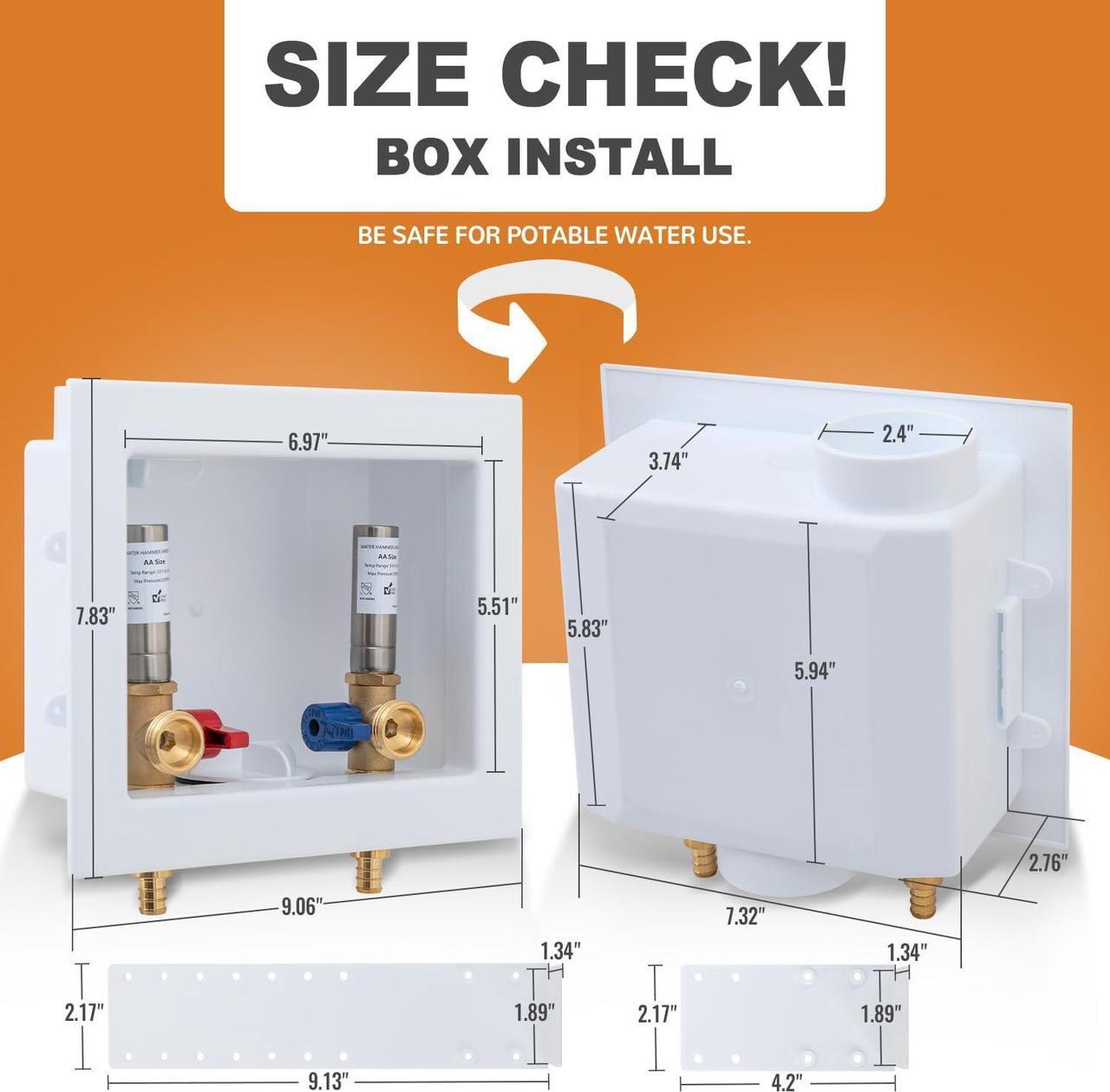 Alt view image 5 of 7 - SUNGATOR Washing Machine Laundry Outlet Box, Washer Water Valve Wall Box with Center Drain, 1/2 Inch Pex Crimp Inlet x 3/4 Inch MHT Outlet, with Stainless Steel Water Hammer Arrestor and 4 Crimp Rings