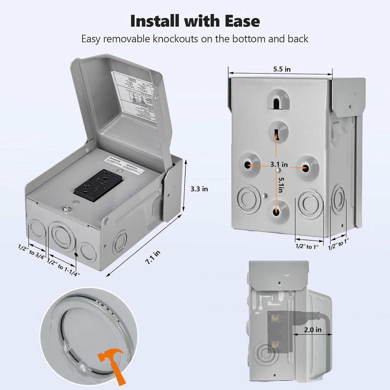 Alt view image 6 of 7 - SURAIELEC Outdoor Outlet Box, 20 AMP WRTR GFCI Receptacle, Rainproof 3R Enclosure, Weatherproof All Metal Electrical Outlet Cover, Power Plug for Outdoor Decorations, Patio Lights, ETL Listed