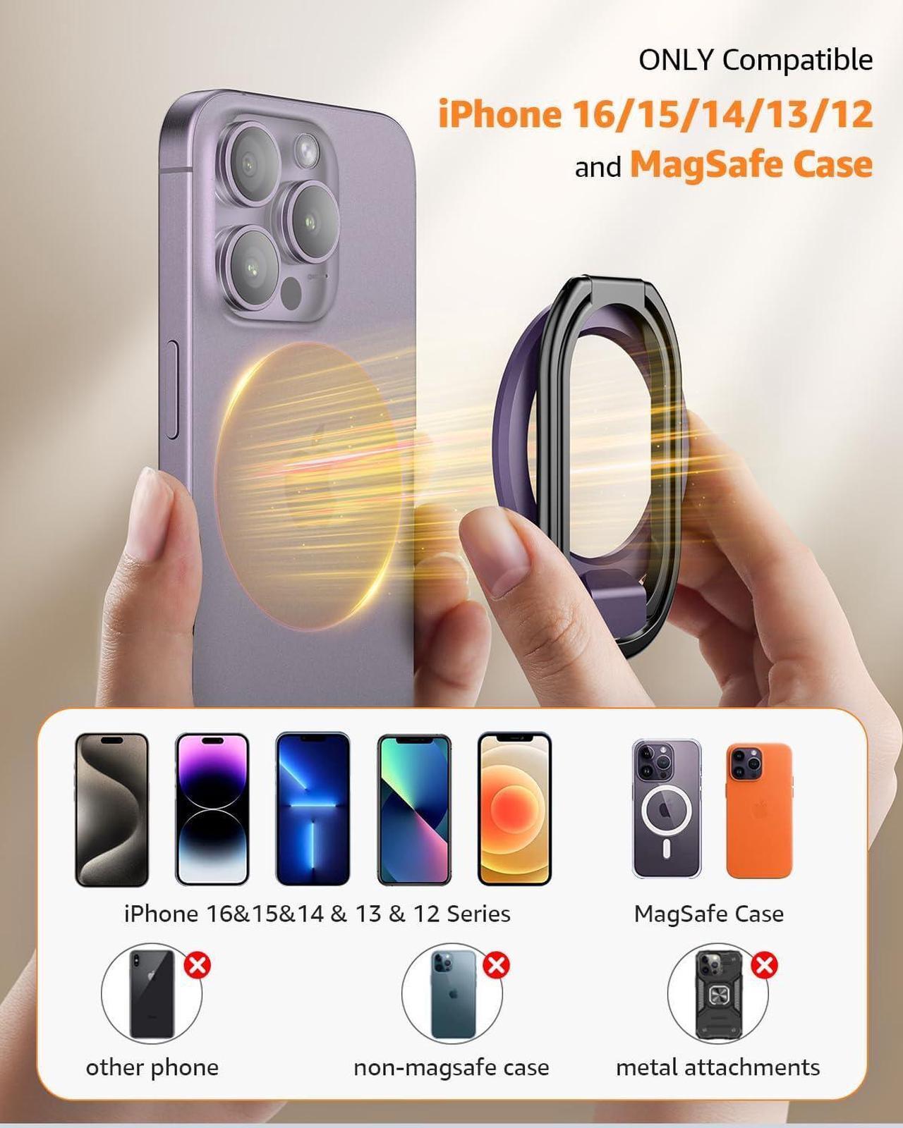 Alt view image 2 of 7 - 2025 Upgraded Mag Safe Phone Ring Holder, SUPERONE Adjustable Magnetic Kickstand & Removable Phone Grip Compatible with Wireless Charging Only for iPhone 16 & 15 & 14 & 13 & 12 Series - Purple