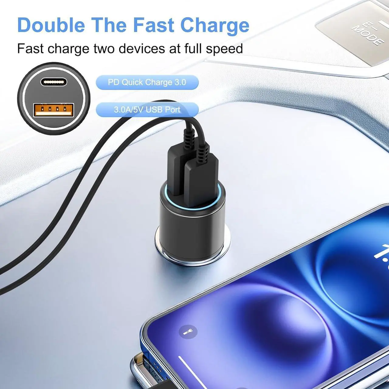 Alt view image 3 of 7 - Blue USB C Car Charger 48W 2-Port Fast Charging Adapter with PD&QC3.0 Compatible for iPhone 16/15 Pro Max/ Galaxy S25/S24/S23/S22/S21 Plus/Ultra/Note 20/10 iPad Pro-3.3ft Type C Cord