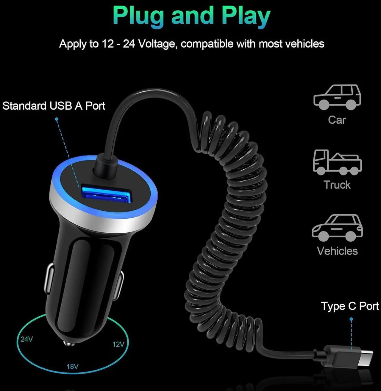 Alt view image 3 of 7 - Android C Type USB C S25 Ultra Car Charger Fast Charging for Samsung Galaxy S25+/A16/A23/A35/S24FE/S24 Ultra/S24 Plus/S23FE/S23 Ultra/A25/A15/A54/A14/A53, Car Adapter Plug 3.4A+3FT Coiled USB C Cable