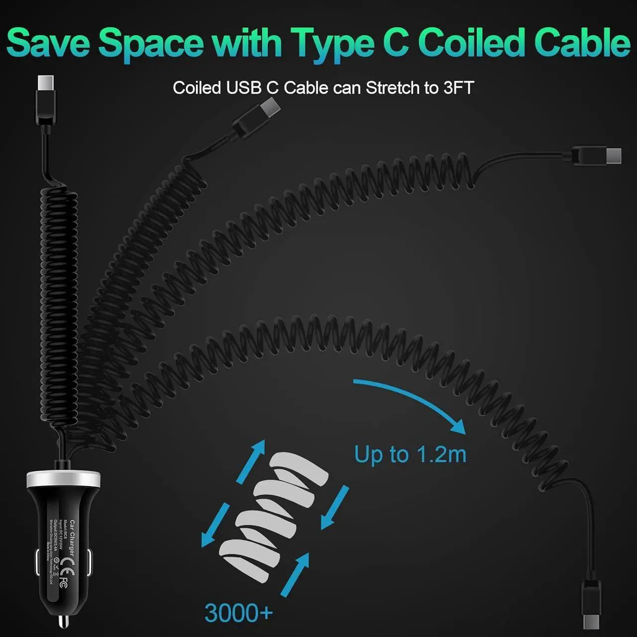Alt view image 4 of 7 - Android C Type USB C S25 Ultra Car Charger Fast Charging for Samsung Galaxy S25+/A16/A23/A35/S24FE/S24 Ultra/S24 Plus/S23FE/S23 Ultra/A25/A15/A54/A14/A53, Car Adapter Plug 3.4A+3FT Coiled USB C Cable