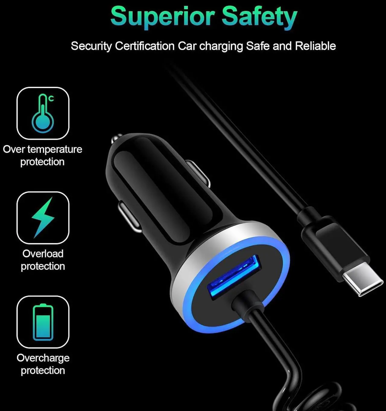 Alt view image 6 of 7 - Android C Type USB C S25 Ultra Car Charger Fast Charging for Samsung Galaxy S25+/A16/A23/A35/S24FE/S24 Ultra/S24 Plus/S23FE/S23 Ultra/A25/A15/A54/A14/A53, Car Adapter Plug 3.4A+3FT Coiled USB C Cable