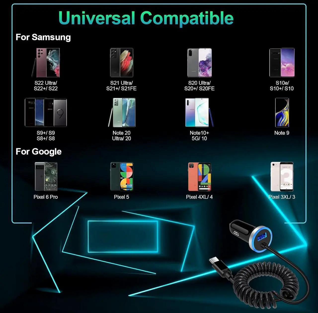 Alt view image 7 of 7 - Android C Type USB C S25 Ultra Car Charger Fast Charging for Samsung Galaxy S25+/A16/A23/A35/S24FE/S24 Ultra/S24 Plus/S23FE/S23 Ultra/A25/A15/A54/A14/A53, Car Adapter Plug 3.4A+3FT Coiled USB C Cable