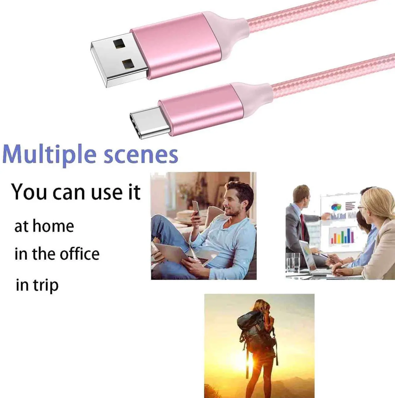 Alt view image 7 of 7 - USB C Cable Pink 10 ft 3-Pack, Long Quick Charger Cord, Android Type C Fast Charging Cable for OnePlus Nord N200/N100, LG Stylo 6 5 4, Samsung Galaxy S10 S9 S8 A31, Note 9 Plus, Tab S6/S5e, Sony PS5
