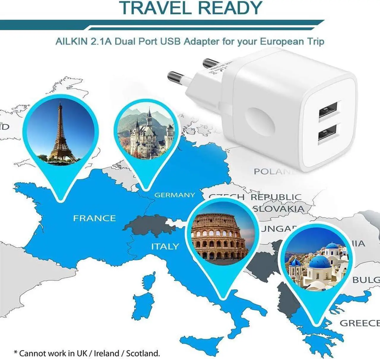 Alt view image 6 of 6 - European Travel Plug Block, Wall Charger Power Adapter for Europe Adaptor, 2.1A Dual Port USB Cube Fast Charging Box Base Brick for iPhone 13 Pro Max 12 11 14 15 16, US American to Europe Converter