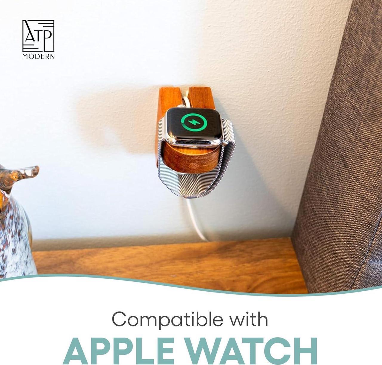 Alt view image 2 of 7 - Wall Charging Stand for Apple Watch Series 9 - Wooden Charging Dock - Wood Charging Station for All iWatch - Simply Stick to Wall with Included 3M Command Strips (Acacia)