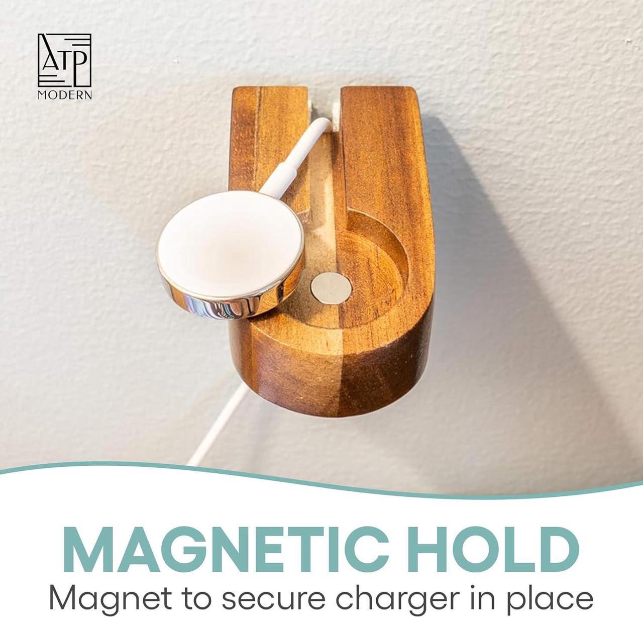 Alt view image 3 of 7 - Wall Charging Stand for Apple Watch Series 9 - Wooden Charging Dock - Wood Charging Station for All iWatch - Simply Stick to Wall with Included 3M Command Strips (Acacia)