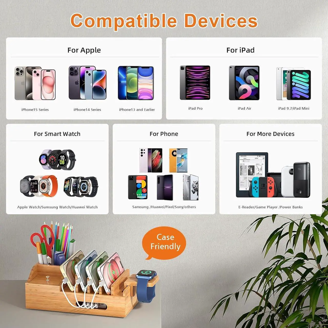 Alt view image 2 of 7 - Bamboo Charging Station for Multiple Devices with 5 Port USB Charger, 5 Charger Cables and Smart Watch Stand. Wood Desktop Dock Stations Electronic Organizer for Cell Phone, Tablet, Watch, Office