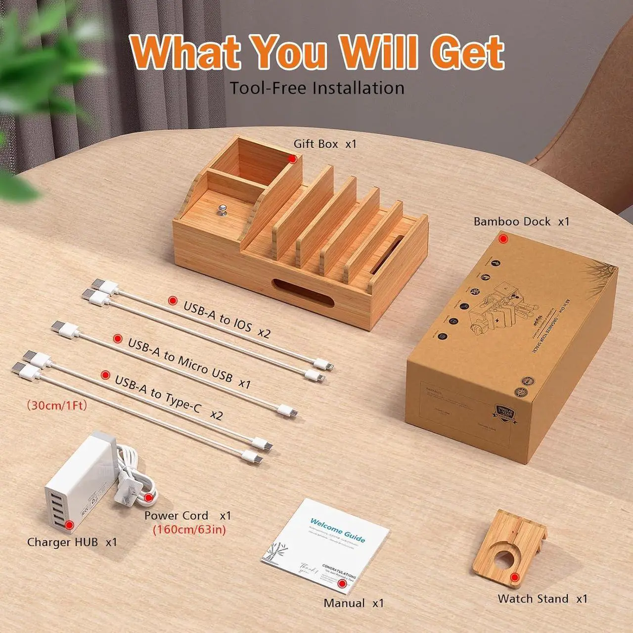 Alt view image 3 of 7 - Bamboo Charging Station for Multiple Devices with 5 Port USB Charger, 5 Charger Cables and Smart Watch Stand. Wood Desktop Dock Stations Electronic Organizer for Cell Phone, Tablet, Watch, Office