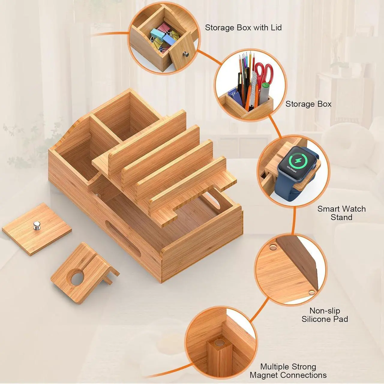 Alt view image 4 of 7 - Bamboo Charging Station for Multiple Devices with 5 Port USB Charger, 5 Charger Cables and Smart Watch Stand. Wood Desktop Dock Stations Electronic Organizer for Cell Phone, Tablet, Watch, Office