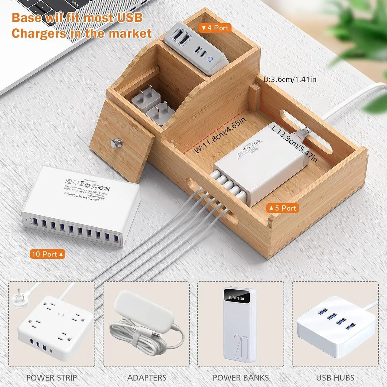 Alt view image 5 of 7 - Bamboo Charging Station for Multiple Devices with 5 Port USB Charger, 5 Charger Cables and Smart Watch Stand. Wood Desktop Dock Stations Electronic Organizer for Cell Phone, Tablet, Watch, Office