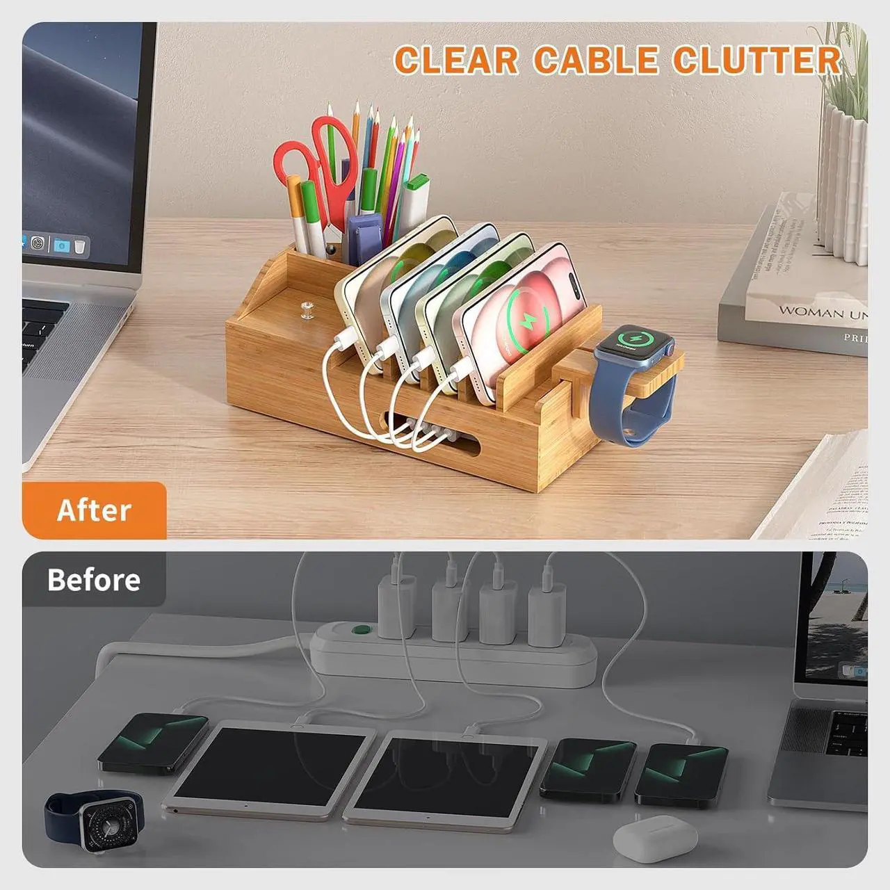 Alt view image 6 of 7 - Bamboo Charging Station for Multiple Devices with 5 Port USB Charger, 5 Charger Cables and Smart Watch Stand. Wood Desktop Dock Stations Electronic Organizer for Cell Phone, Tablet, Watch, Office