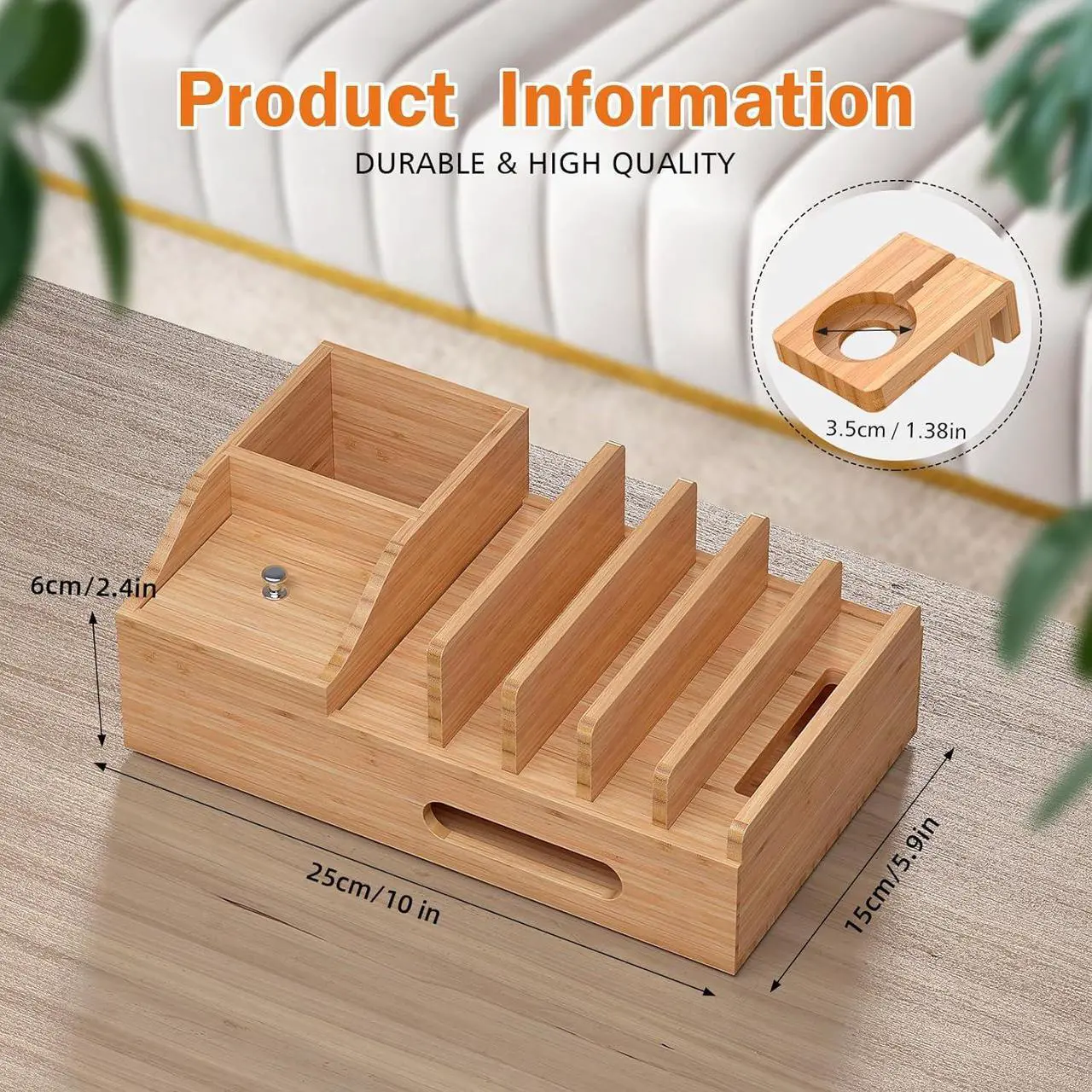 Alt view image 7 of 7 - Bamboo Charging Station for Multiple Devices with 5 Port USB Charger, 5 Charger Cables and Smart Watch Stand. Wood Desktop Dock Stations Electronic Organizer for Cell Phone, Tablet, Watch, Office