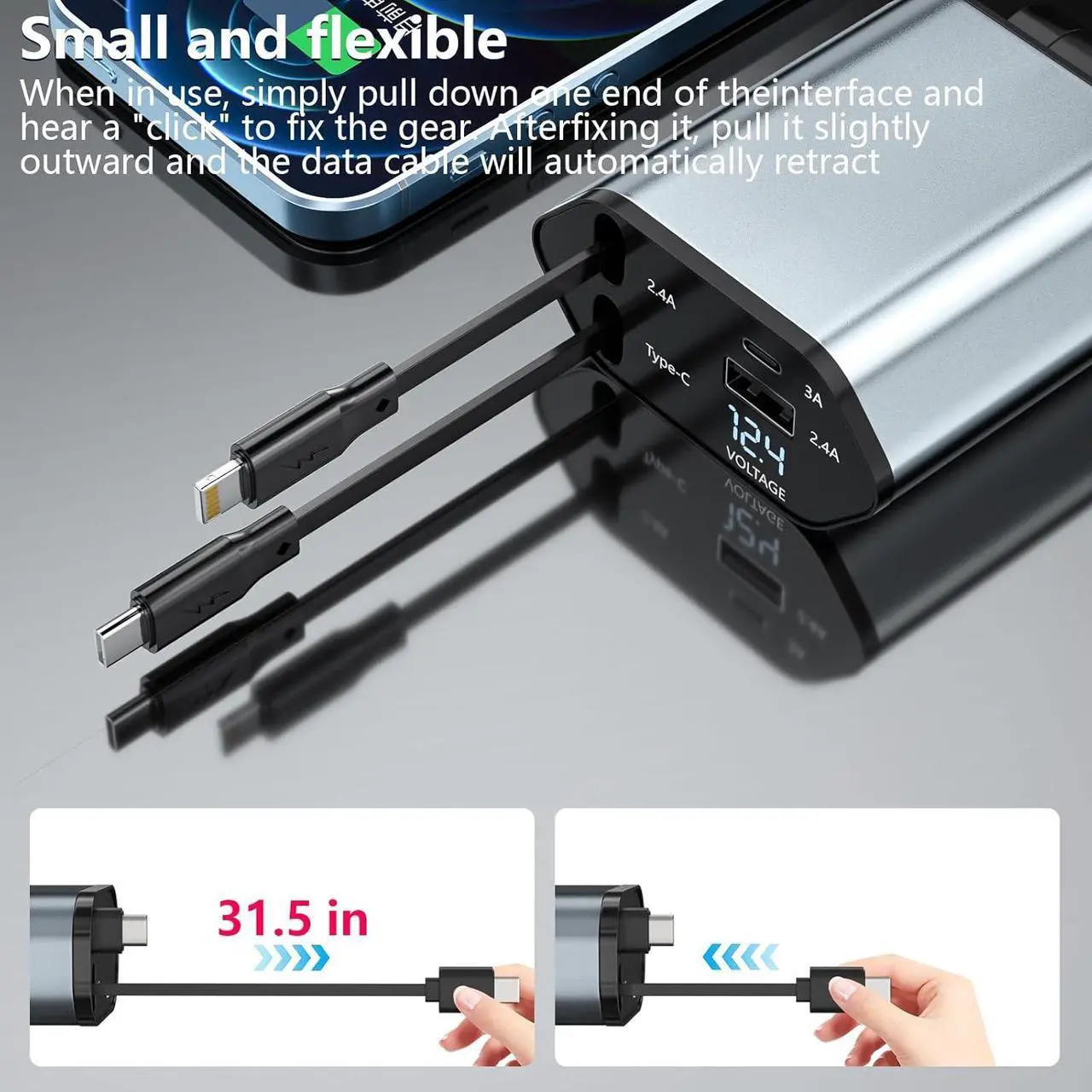 Alt view image 4 of 7 - Retractable Car Charger, 120W 2.7Ft Retractable Cables and 4 Electronic Ports, Car Accessories Compatible for iOS & Android Cell Phones All Device Charging