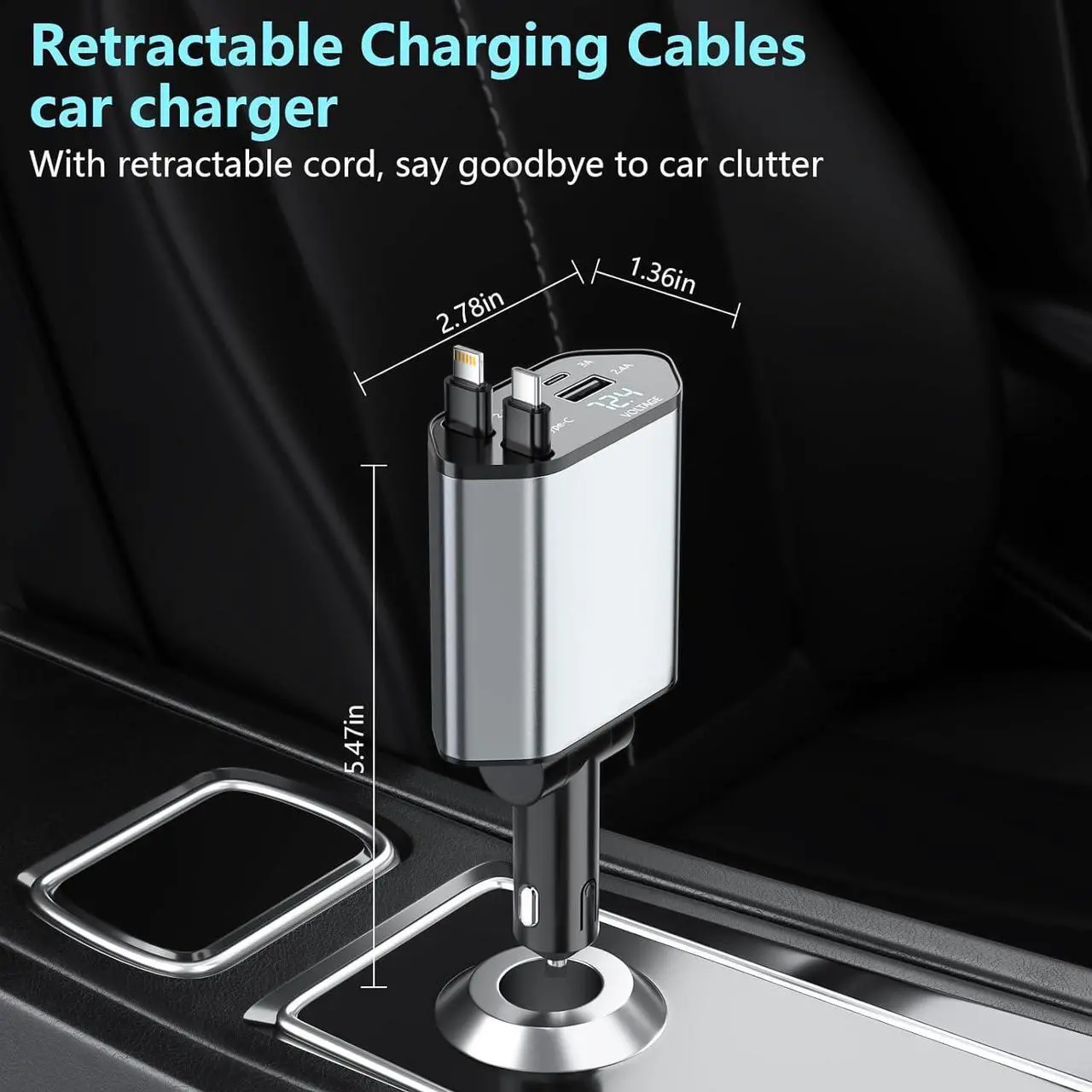 Alt view image 6 of 7 - Retractable Car Charger, 120W 2.7Ft Retractable Cables and 4 Electronic Ports, Car Accessories Compatible for iOS & Android Cell Phones All Device Charging