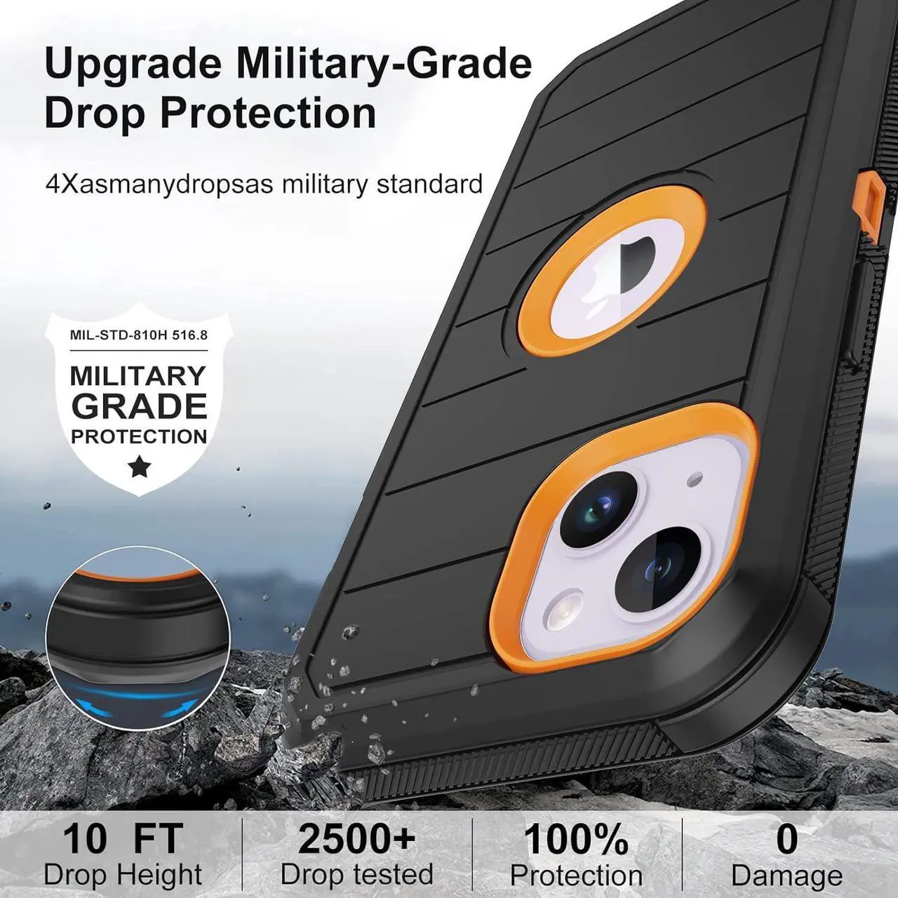 Alt view image 4 of 6 - Annymall for iPhone 14 Case with 2 Screen Protector,Full Body Shockproof Drop Protection Dust Proof Heavy Duty 3-Layer Rugged Durable Military Grade Cover for Apple iPhone 14 6.1" (Black/Oranger)