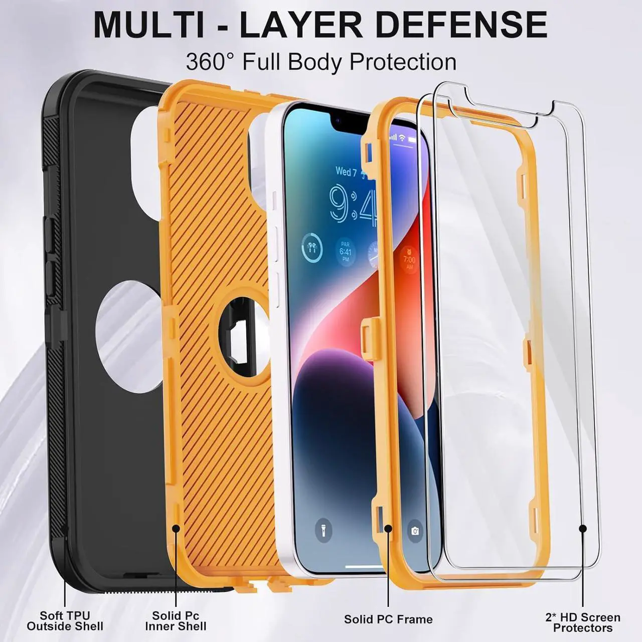 Alt view image 2 of 6 - Annymall for iPhone 14 Case with 2 Screen Protector,Full Body Shockproof Drop Protection Dust Proof Heavy Duty 3-Layer Rugged Durable Military Grade Cover for Apple iPhone 14 6.1" (Black/Oranger)