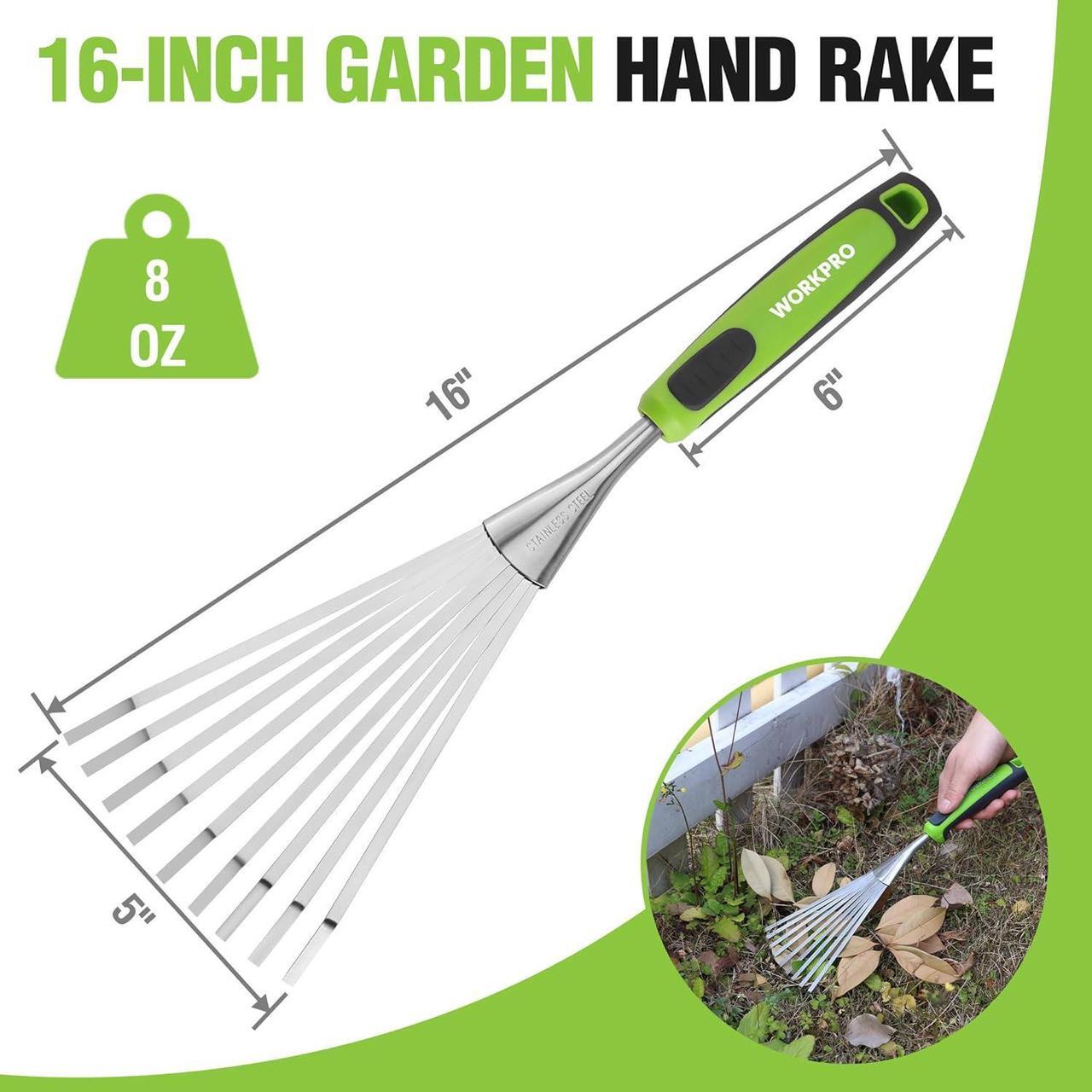Alt view image 2 of 7 - WORKPRO 16" Hand Rake, Heavy Duty Stainless Steel Garden Rake with Soft Handle, Small Garden Hand Tool for Gardening, Cultivating, Loosening Soil & Spreading Mulch, Flower Beds