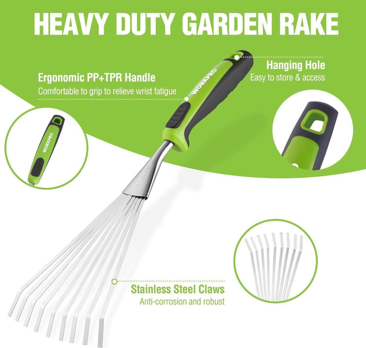 Alt view image 3 of 7 - WORKPRO 16" Hand Rake, Heavy Duty Stainless Steel Garden Rake with Soft Handle, Small Garden Hand Tool for Gardening, Cultivating, Loosening Soil & Spreading Mulch, Flower Beds