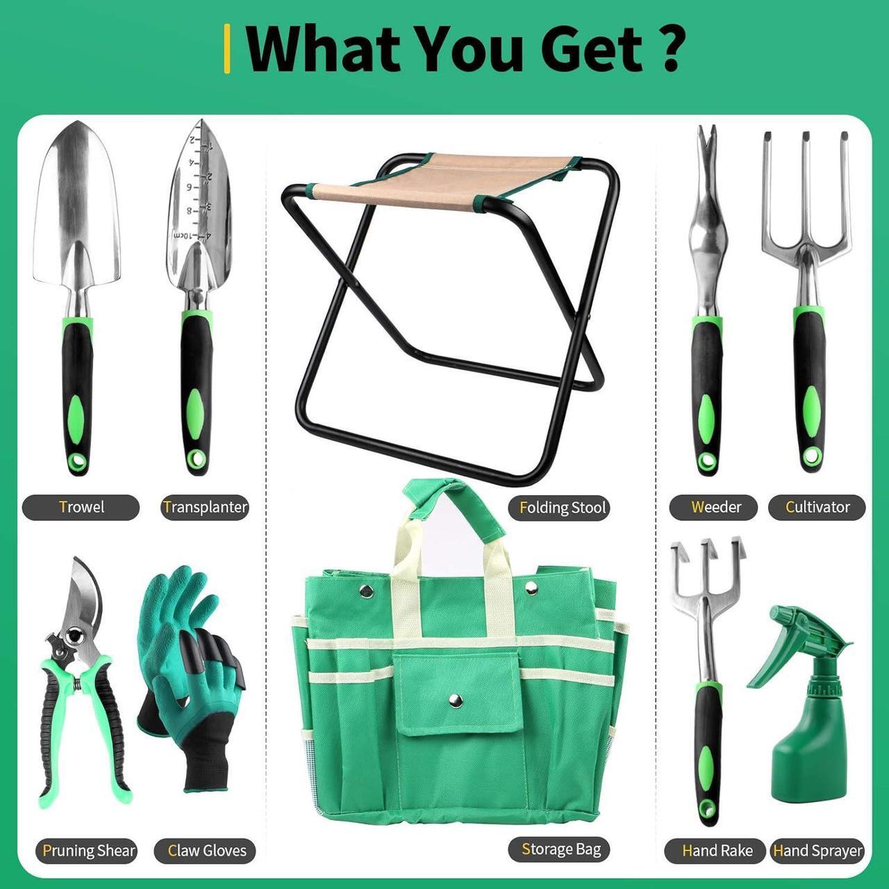 Alt view image 2 of 6 - 9 PCS All-in-one Garden Tools Set, Heavy Duty Cast-Aluminium Alloy Gardening Tools Kit with Folding Stool Seat&Detachable Canvas Tool Bag , Non-Slip Rubber Grip, Outdoor Hand Tools