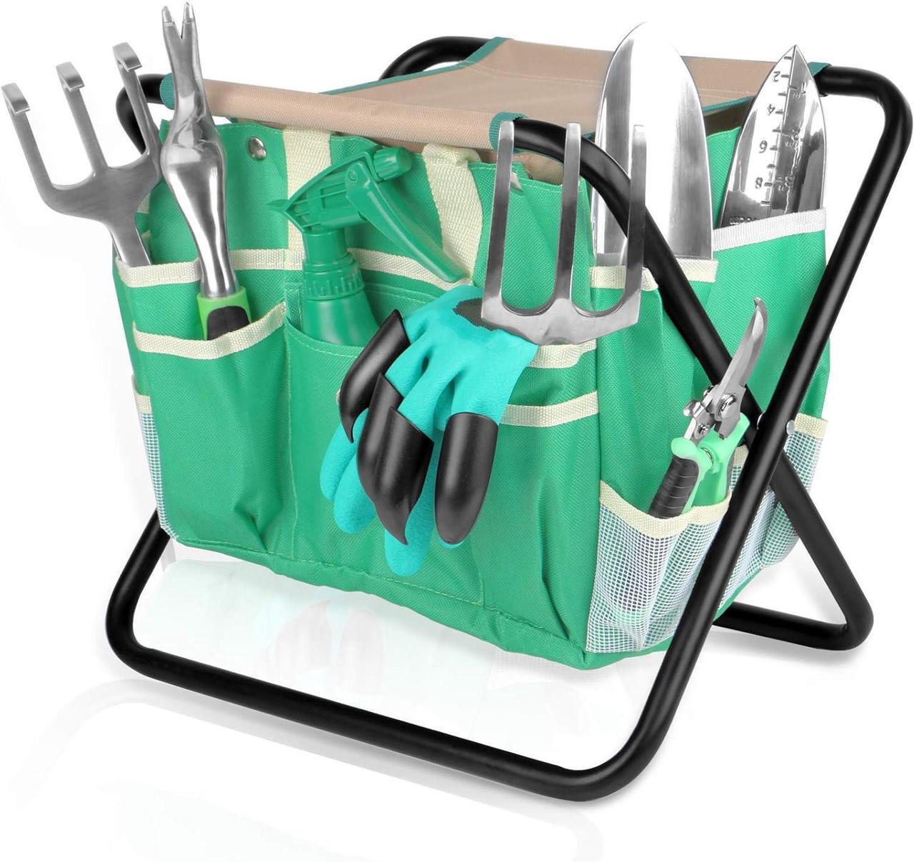 Main image of 9 PCS All-in-one Garden Tools Set, Heavy Duty Cast-Aluminium Alloy Gardening Tools Kit with Folding Stool Seat&Detachable Canvas Tool Bag , Non-Slip Rubber Grip, Outdoor Hand Tools
