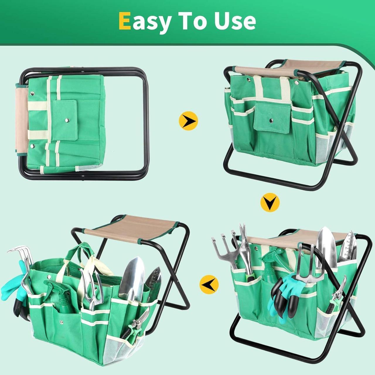 Alt view image 5 of 6 - 9 PCS All-in-one Garden Tools Set, Heavy Duty Cast-Aluminium Alloy Gardening Tools Kit with Folding Stool Seat&Detachable Canvas Tool Bag , Non-Slip Rubber Grip, Outdoor Hand Tools