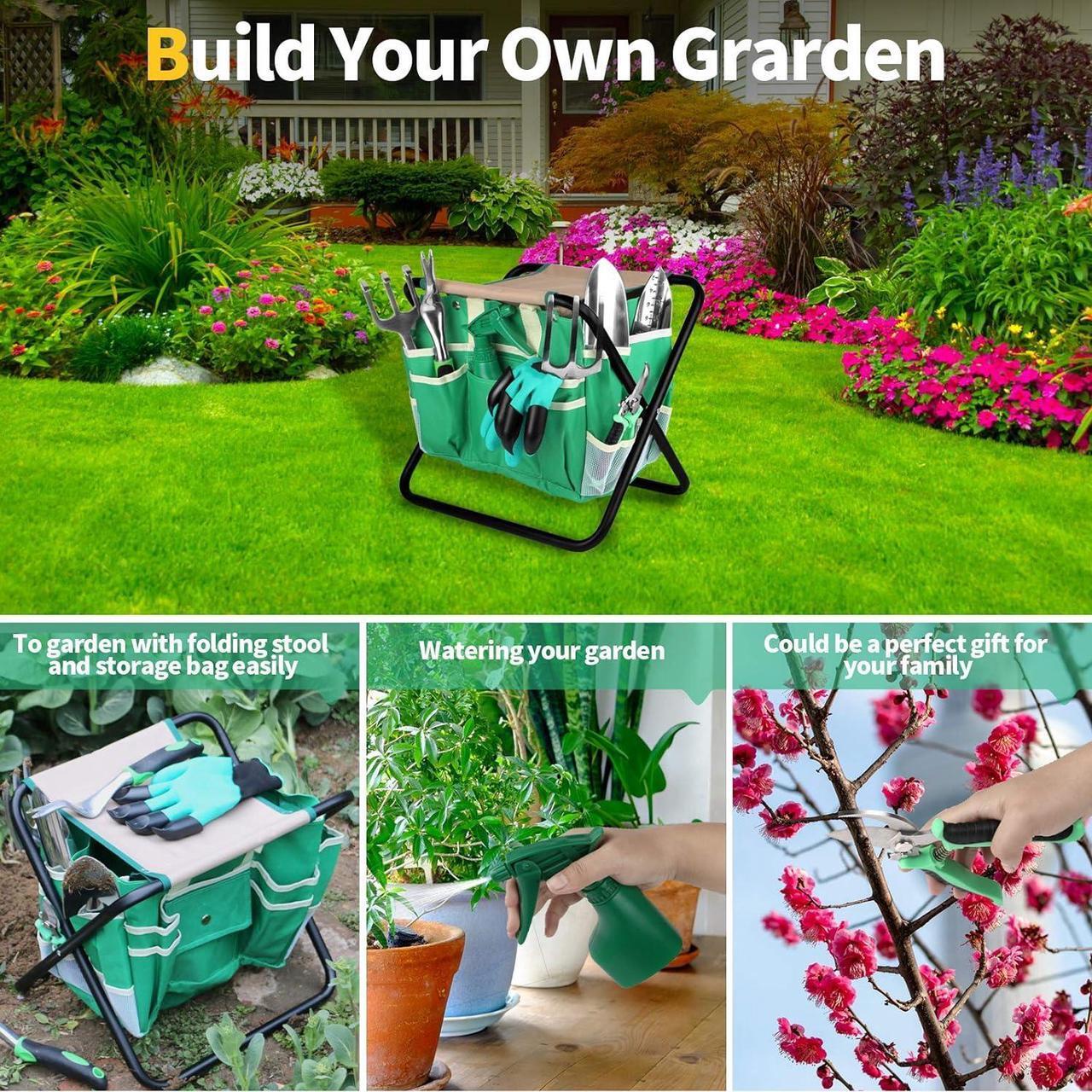 Alt view image 6 of 6 - 9 PCS All-in-one Garden Tools Set, Heavy Duty Cast-Aluminium Alloy Gardening Tools Kit with Folding Stool Seat&Detachable Canvas Tool Bag , Non-Slip Rubber Grip, Outdoor Hand Tools