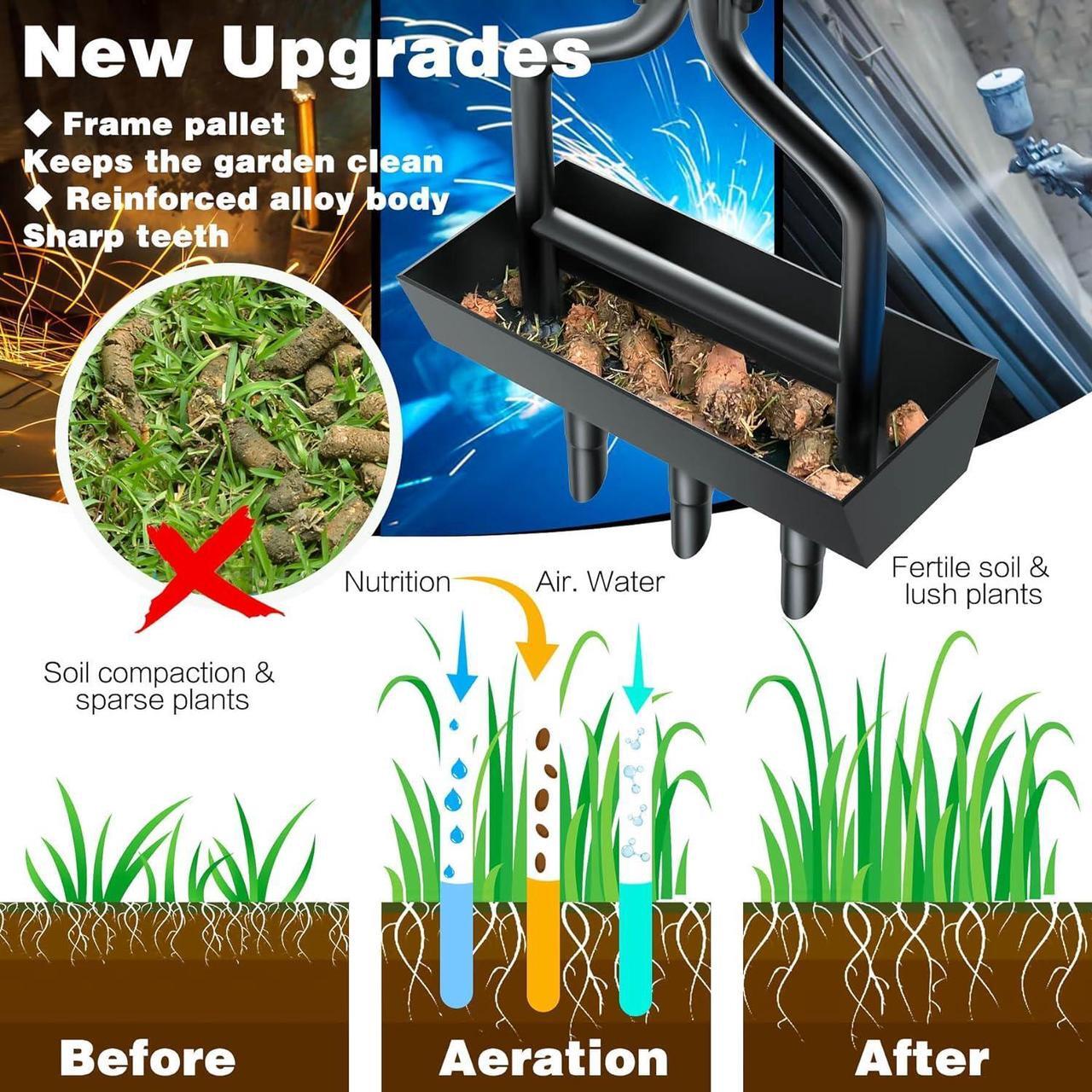 Alt view image 2 of 7 - Manual Lawn Aerator with Tray & 3 Hollow Slots Manual Soil Corer Collector Lawn Plug Core Aeration Tool Heavy Duty Lawn Core for Soils & Lawns Yard Garden, 37.6 inches, Black