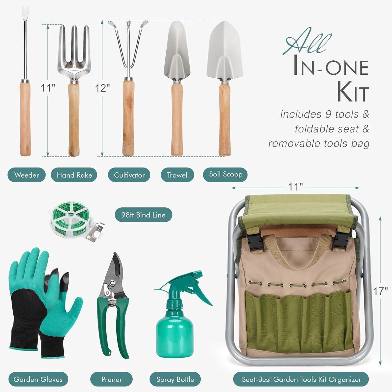 Alt view image 3 of 7 - INNO STAGE 10 Piece Gardening Hand Tools Set with Garden Storage Tote Bag and Seat-Best Garden Tools Kit Organizer Valentine's Day Gifts