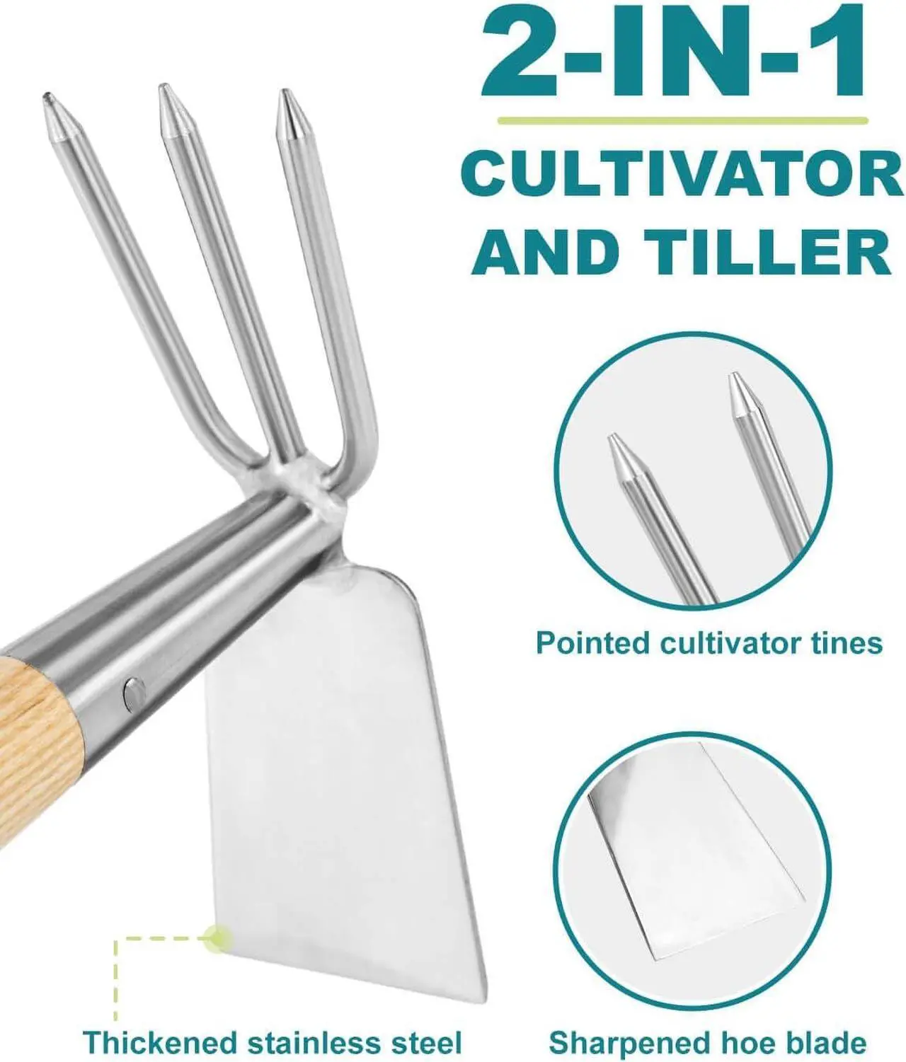 Alt view image 5 of 7 - Hoe and Cultivator Garden Rake Hand Tiller Tool Wood Handle Double Sided Cultivator Versatile Tool for Digging,Loosening Soil,Weeding,Breaking Up Soil,Cultivating,Preparing Seedbeds Combination Garden