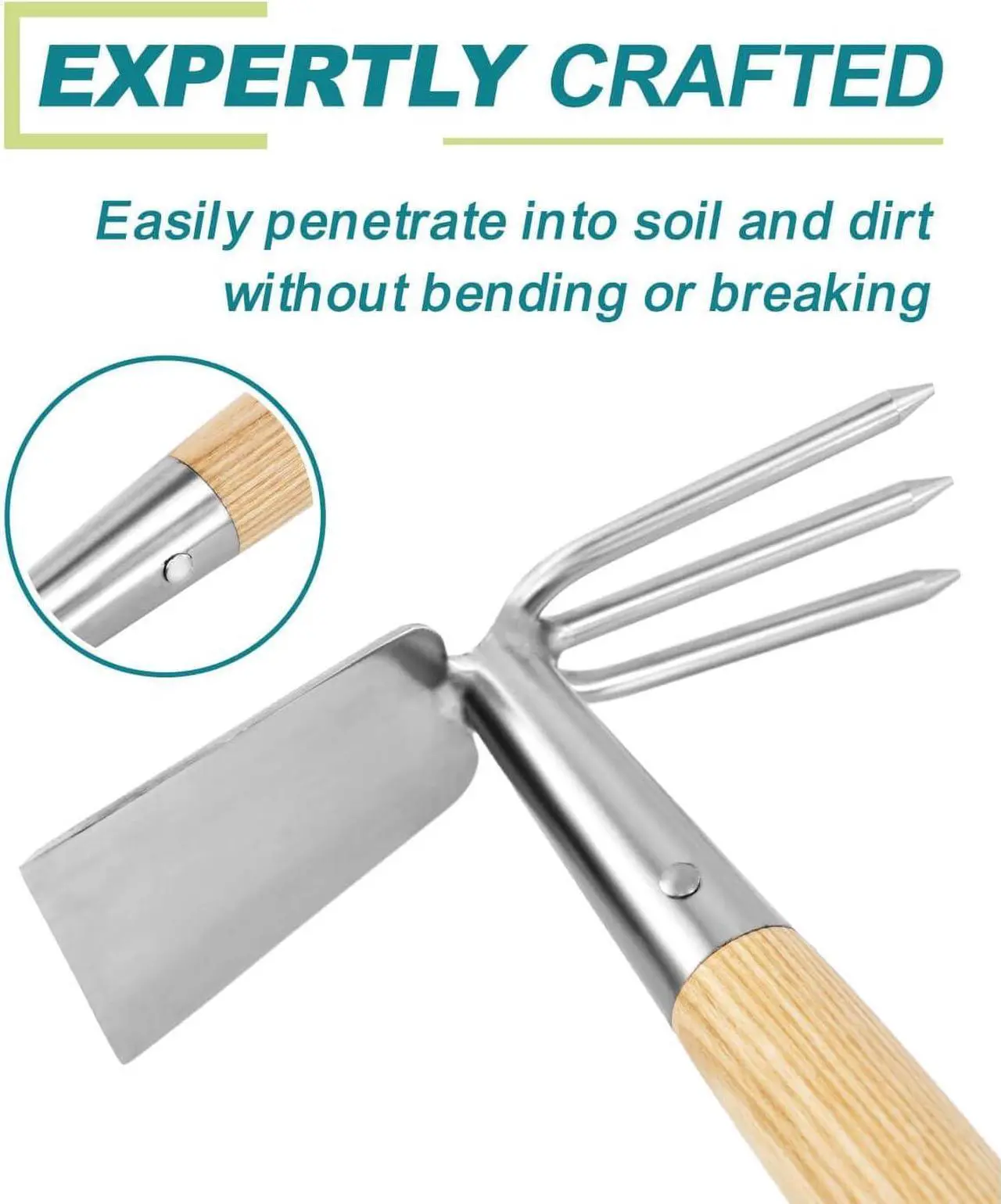 Alt view image 7 of 7 - Hoe and Cultivator Garden Rake Hand Tiller Tool Wood Handle Double Sided Cultivator Versatile Tool for Digging,Loosening Soil,Weeding,Breaking Up Soil,Cultivating,Preparing Seedbeds Combination Garden