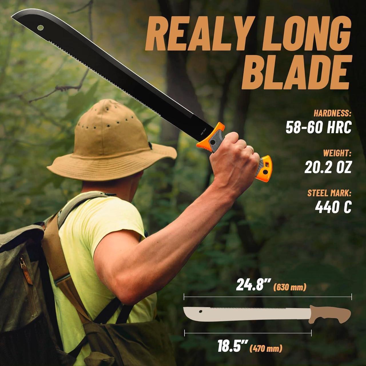 Alt view image 3 of 7 - Machete with Saw - 25 Heavy Duty Tool & Sheath - Ergonomic No-Slip Handle - Survival Knife with Serrated Blade - Machetes for Bushcraft Outdoor Hunting Garden Cutting Trees and Yard Work
