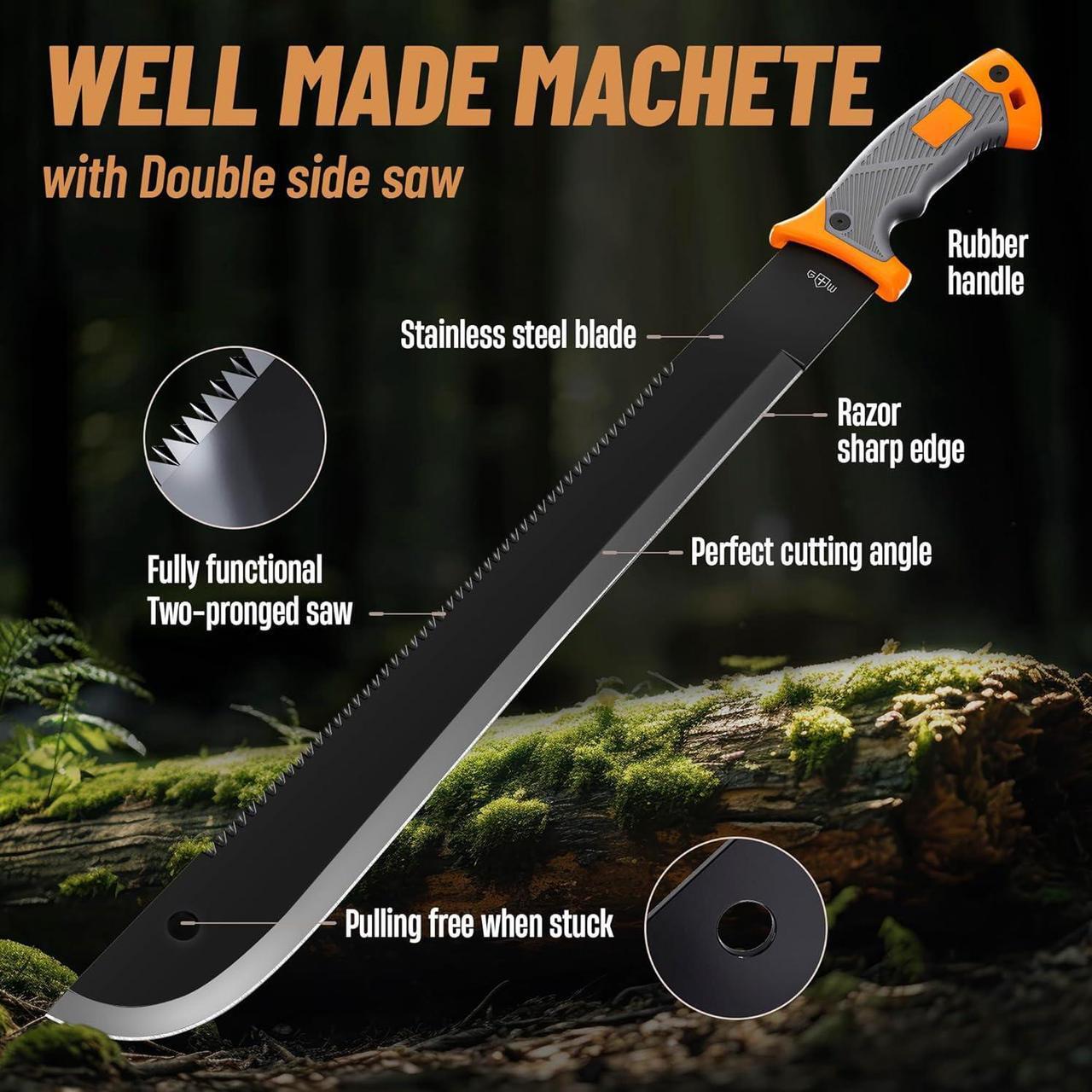 Alt view image 4 of 7 - Machete with Saw - 25 Heavy Duty Tool & Sheath - Ergonomic No-Slip Handle - Survival Knife with Serrated Blade - Machetes for Bushcraft Outdoor Hunting Garden Cutting Trees and Yard Work