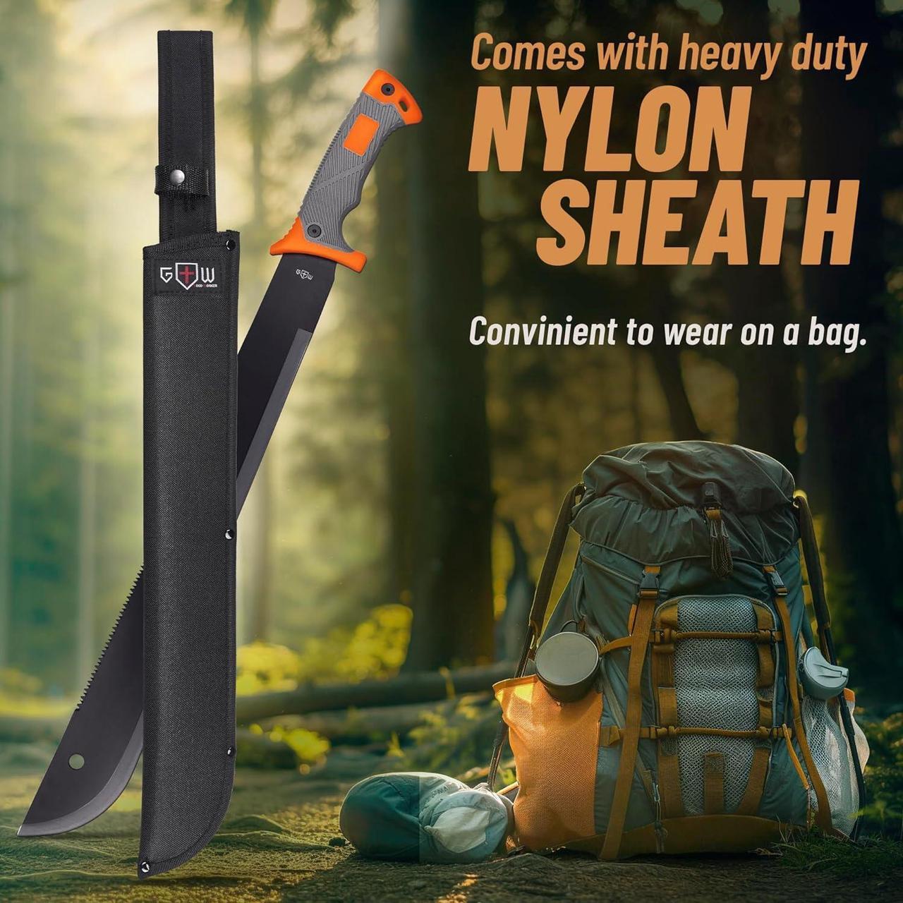 Alt view image 7 of 7 - Machete with Saw - 25 Heavy Duty Tool & Sheath - Ergonomic No-Slip Handle - Survival Knife with Serrated Blade - Machetes for Bushcraft Outdoor Hunting Garden Cutting Trees and Yard Work