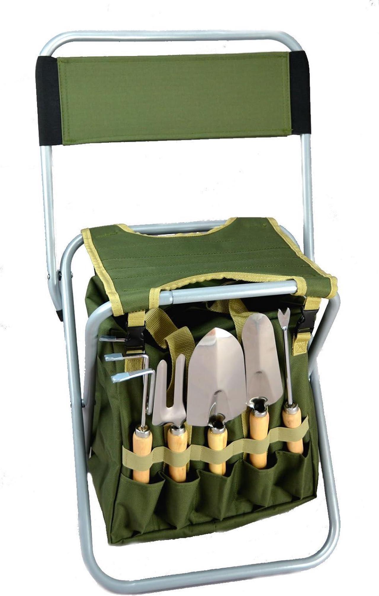 Main image of 10-Piece Gardening Tool Set with Zippered Detachable Tote and Folding Stool Seat with Backrest
