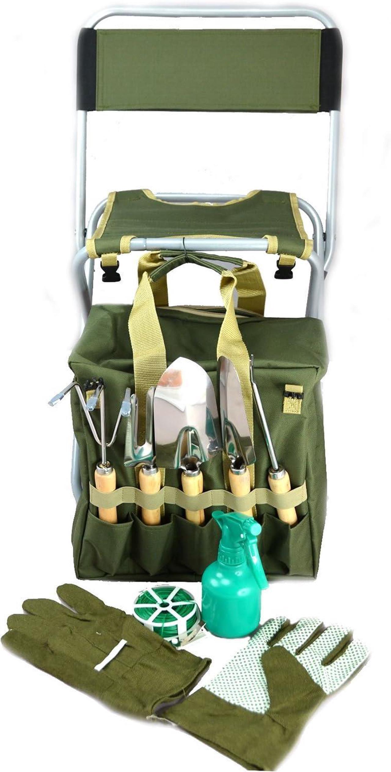 Alt view image 3 of 7 - 10-Piece Gardening Tool Set with Zippered Detachable Tote and Folding Stool Seat with Backrest