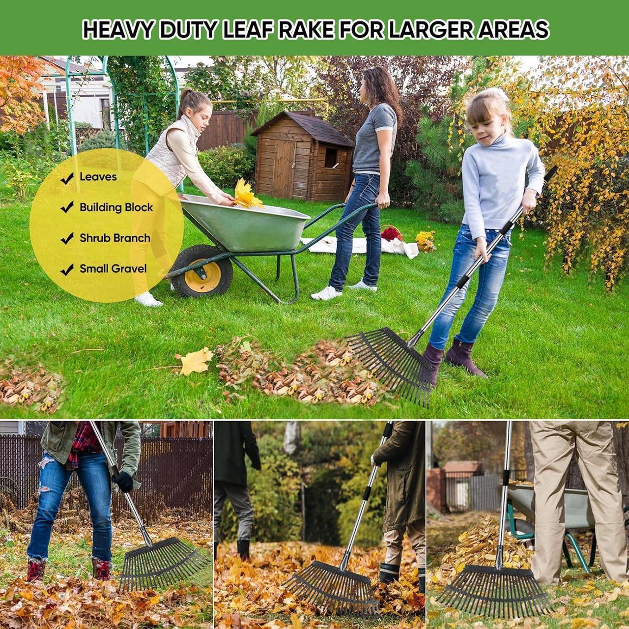 Alt view image 6 of 7 - Rake Heavy Duty 6FT Long Garden Rake , 18.5 Inch Wide, 25 Metal Tines, Adjustable Stainless Steel Handle, Leaf Rakes for Leaves, Yards, Grass, Garbage, Weeds, Debris (Black)