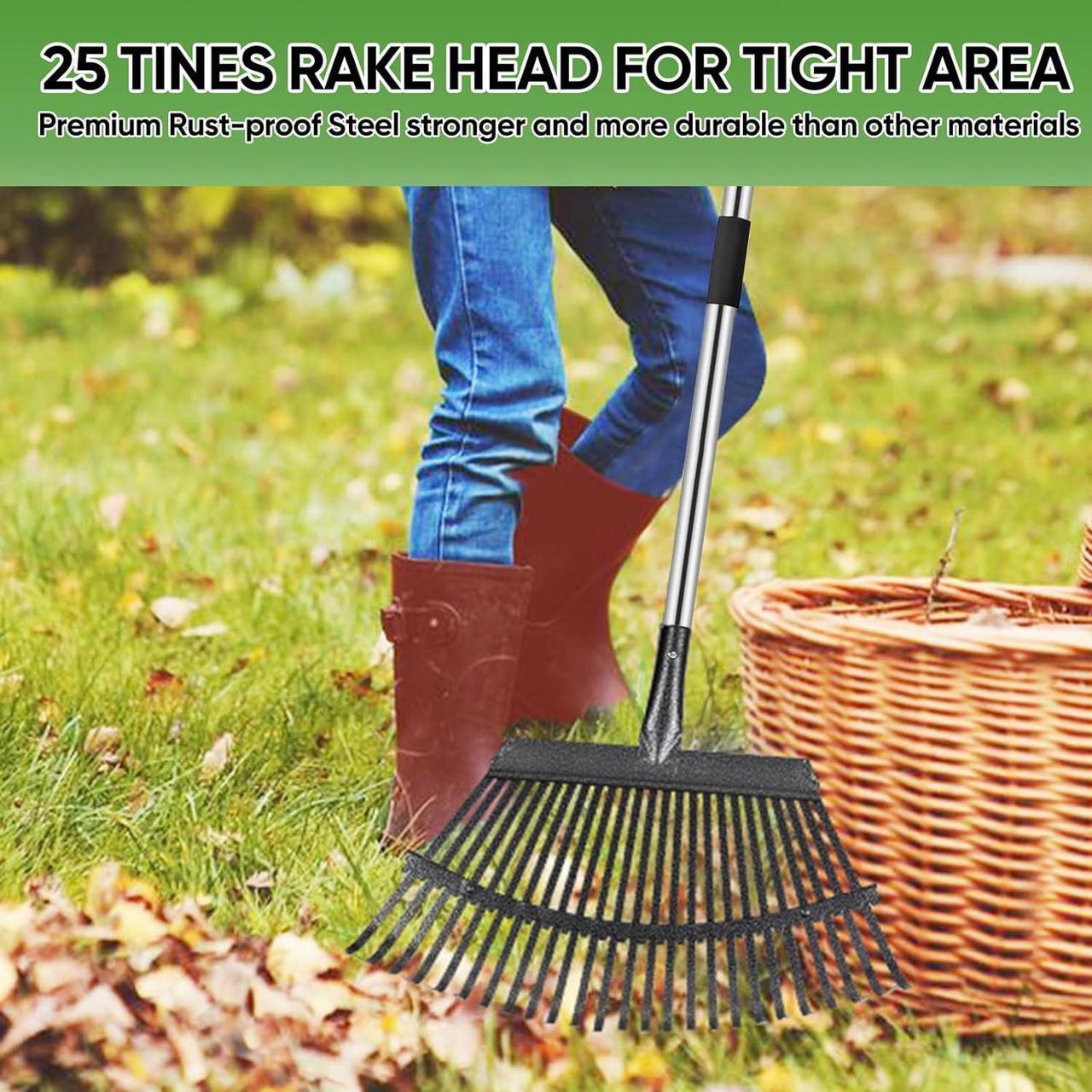 Alt view image 2 of 7 - Rake Heavy Duty 6FT Long Garden Rake , 18.5 Inch Wide, 25 Metal Tines, Adjustable Stainless Steel Handle, Leaf Rakes for Leaves, Yards, Grass, Garbage, Weeds, Debris (Black)