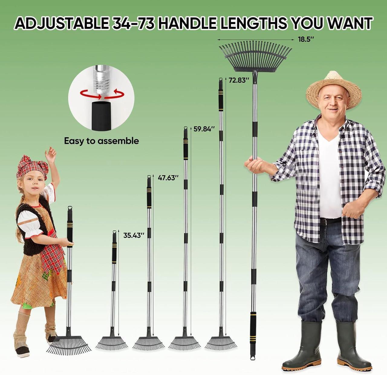 Alt view image 4 of 7 - Rake Heavy Duty 6FT Long Garden Rake , 18.5 Inch Wide, 25 Metal Tines, Adjustable Stainless Steel Handle, Leaf Rakes for Leaves, Yards, Grass, Garbage, Weeds, Debris (Black)