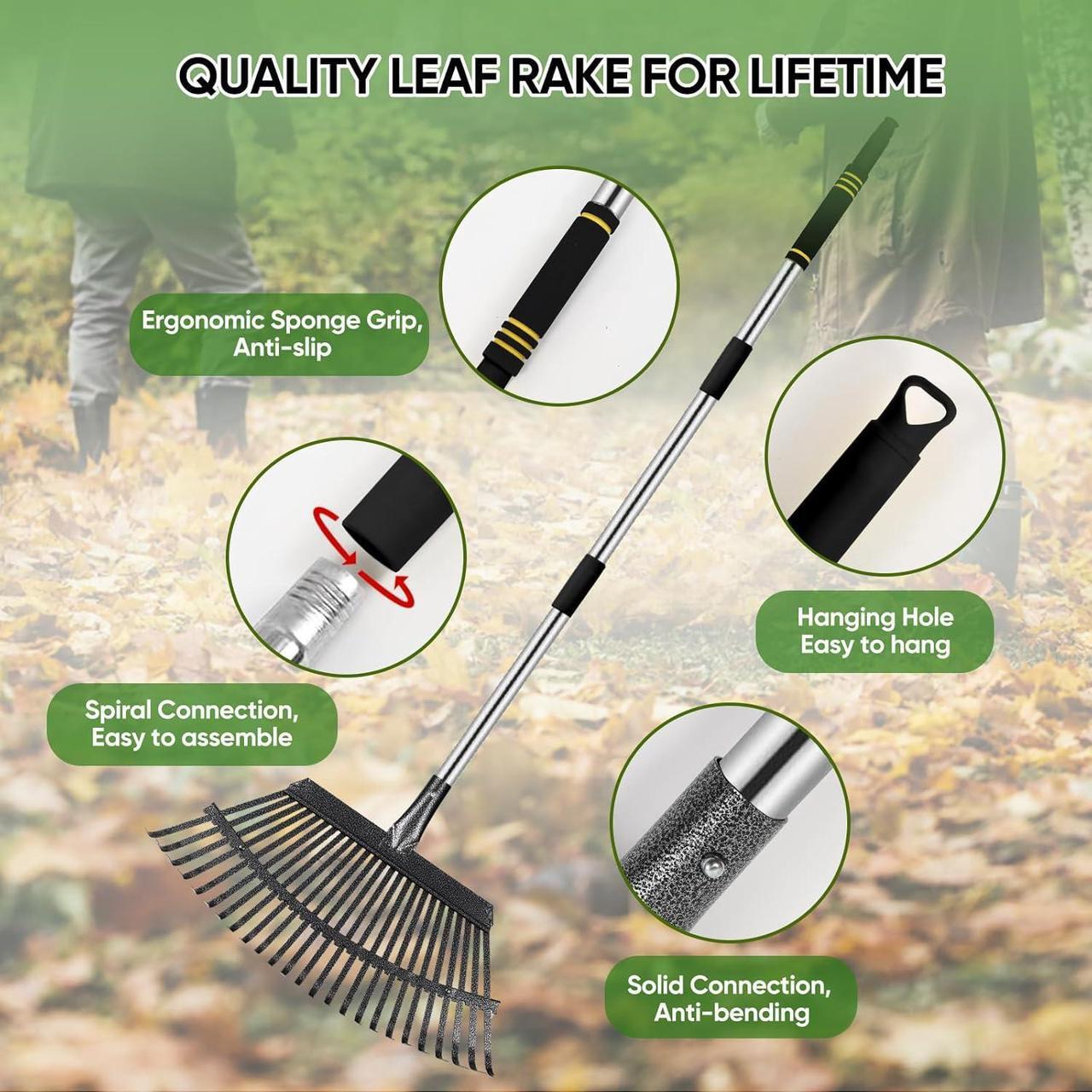 Alt view image 5 of 7 - Rake Heavy Duty 6FT Long Garden Rake , 18.5 Inch Wide, 25 Metal Tines, Adjustable Stainless Steel Handle, Leaf Rakes for Leaves, Yards, Grass, Garbage, Weeds, Debris (Black)