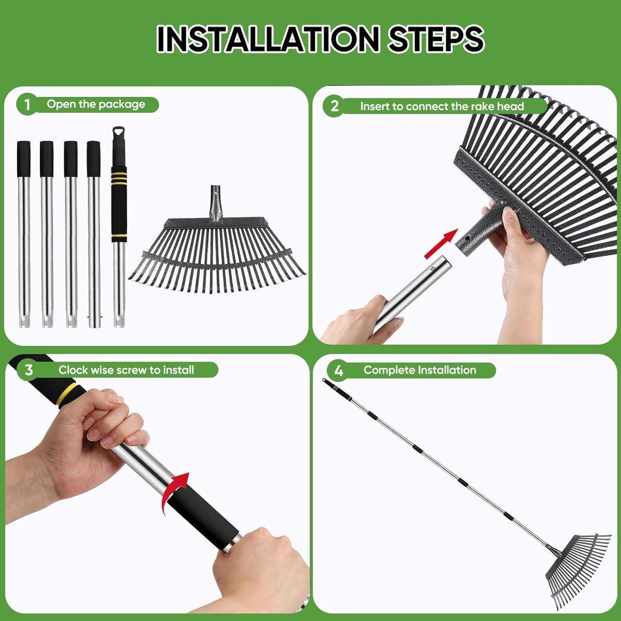 Alt view image 7 of 7 - Rake Heavy Duty 6FT Long Garden Rake , 18.5 Inch Wide, 25 Metal Tines, Adjustable Stainless Steel Handle, Leaf Rakes for Leaves, Yards, Grass, Garbage, Weeds, Debris (Black)
