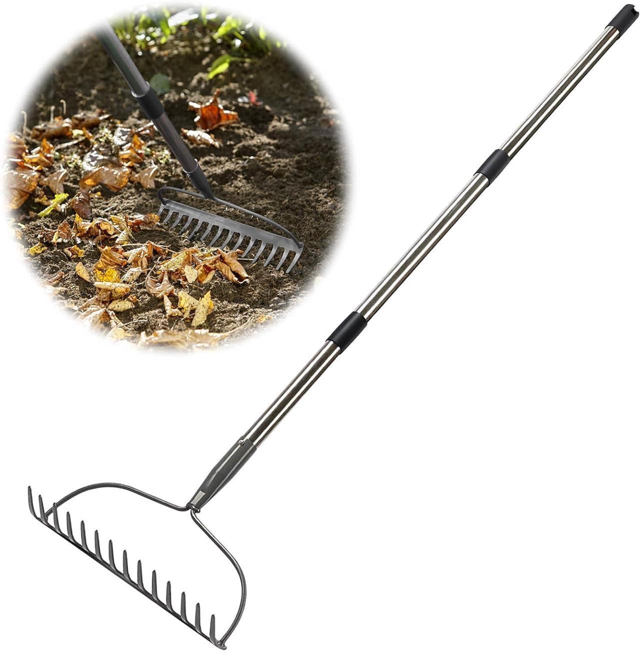 Main image of Garden Rake, 6 FT Bow Rakes for Lawns Heavy Duty, Yard Metal Rake with Adjustable Long Handle, 14 Tines Rake Head, Gardening Tool for Loosen Soil, Gather Leaves, Level Mulch, Remove Debris
