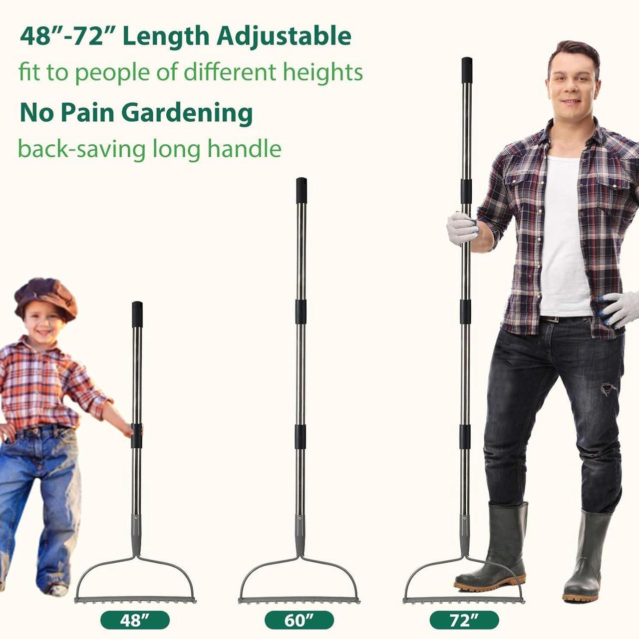 Alt view image 3 of 7 - Garden Rake, 6 FT Bow Rakes for Lawns Heavy Duty, Yard Metal Rake with Adjustable Long Handle, 14 Tines Rake Head, Gardening Tool for Loosen Soil, Gather Leaves, Level Mulch, Remove Debris