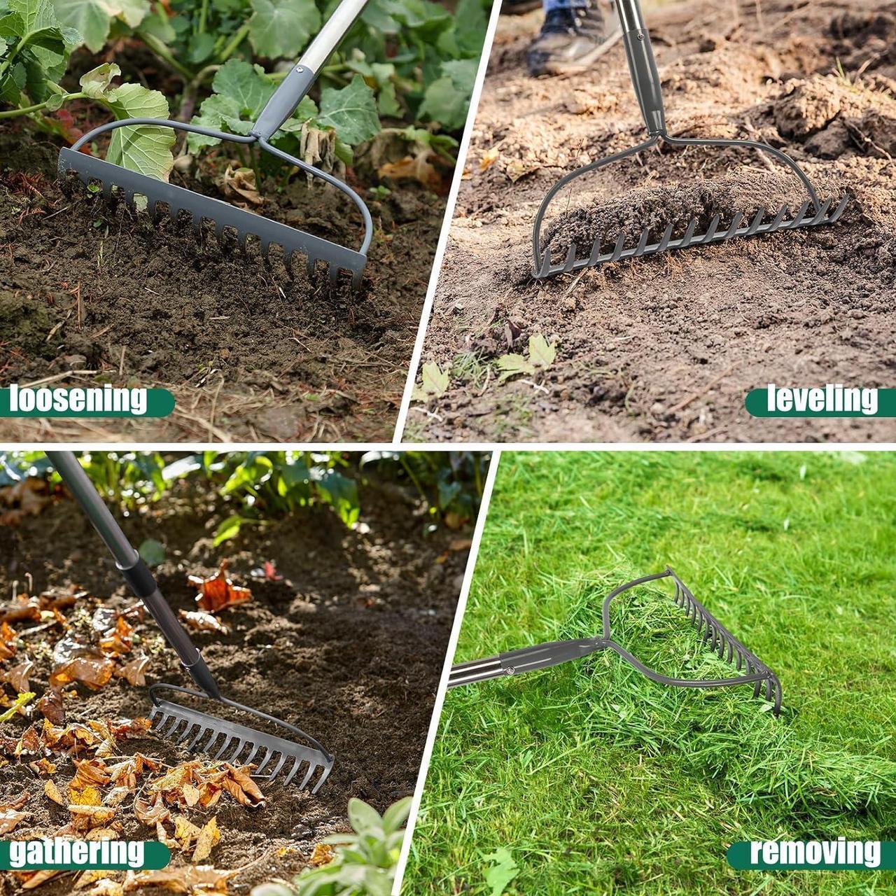 Alt view image 2 of 7 - Garden Rake, 6 FT Bow Rakes for Lawns Heavy Duty, Yard Metal Rake with Adjustable Long Handle, 14 Tines Rake Head, Gardening Tool for Loosen Soil, Gather Leaves, Level Mulch, Remove Debris