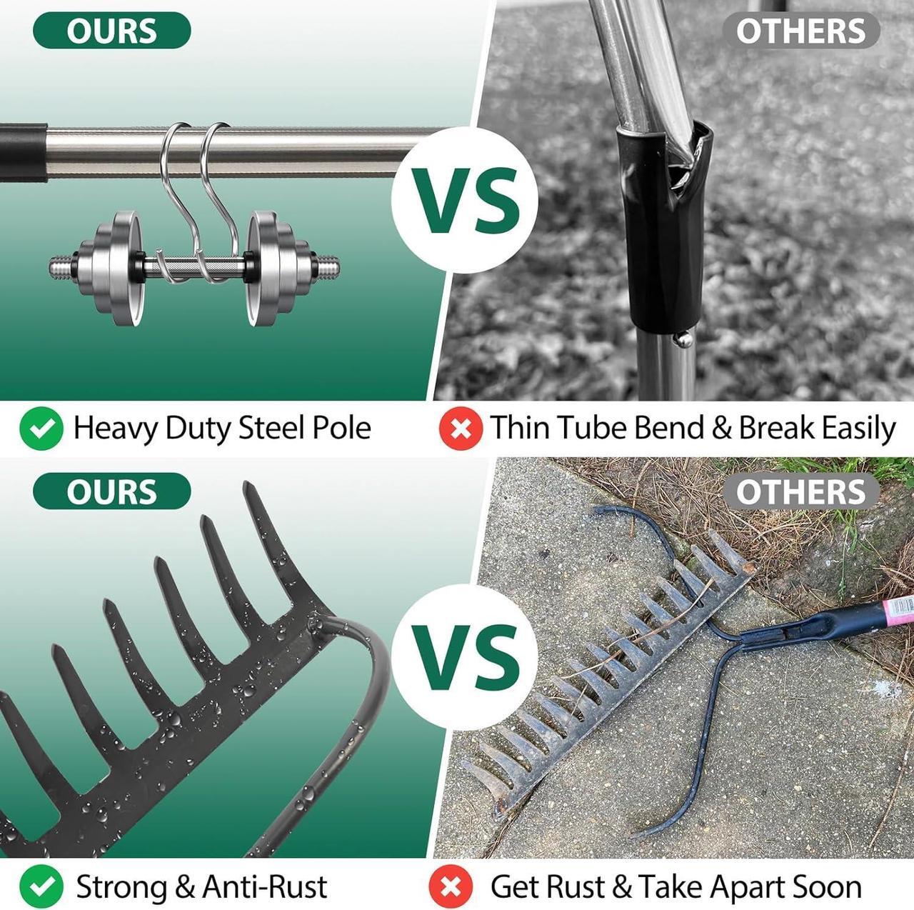 Alt view image 4 of 7 - Garden Rake, 6 FT Bow Rakes for Lawns Heavy Duty, Yard Metal Rake with Adjustable Long Handle, 14 Tines Rake Head, Gardening Tool for Loosen Soil, Gather Leaves, Level Mulch, Remove Debris