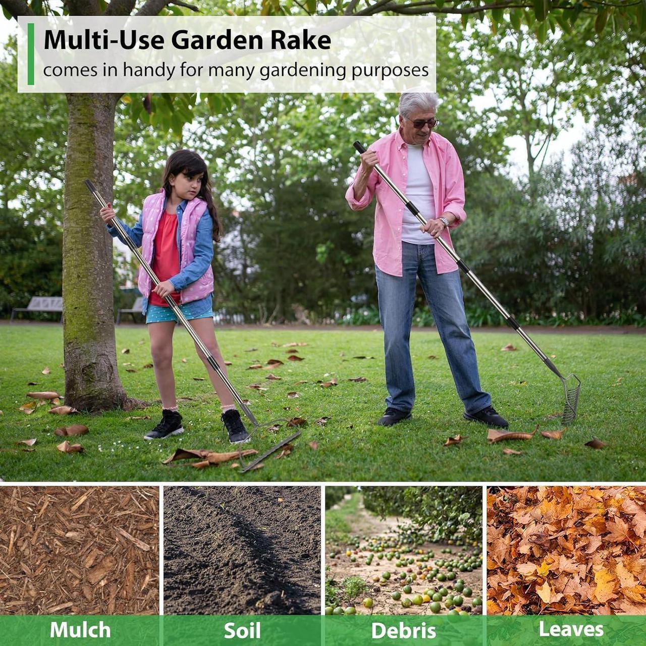 Alt view image 5 of 7 - Garden Rake, 6 FT Bow Rakes for Lawns Heavy Duty, Yard Metal Rake with Adjustable Long Handle, 14 Tines Rake Head, Gardening Tool for Loosen Soil, Gather Leaves, Level Mulch, Remove Debris